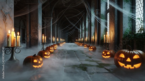 Spooky Halloween decorations in abandoned old building with jackolanterns and candles