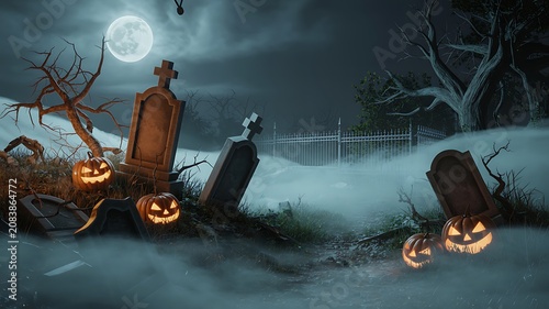 Spooky Halloween graveyard with jack o lanterns and tombstones at night  eerie landscape