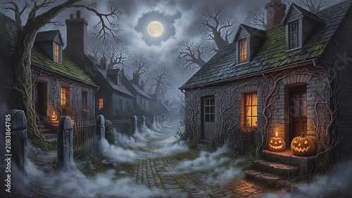 Spooky Halloween night scene with houses and jackolanterns on a foggy street