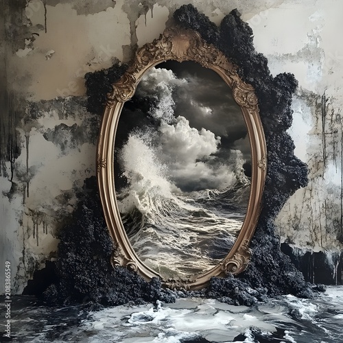 An ornate, distressed mirror reflects a dramatic and powerful turbulent seascape under stormy skies.