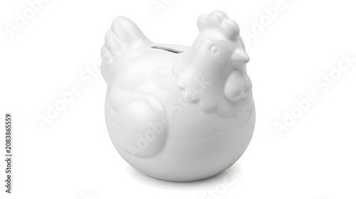 White Ceramic Chicken Piggy Bank Isolated on White Background