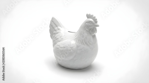 White Ceramic Chicken Piggy Bank Isolated on White Background
