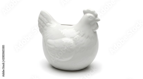 White Ceramic Chicken Piggy Bank Isolated on White Background
