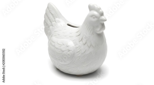 White Ceramic Chicken Piggy Bank Isolated on White Background