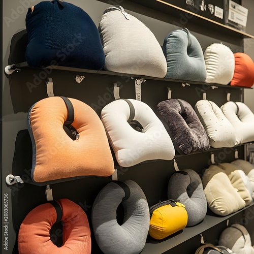 Assortment of assorted colored travel neck pillows displayed on a retail shelving unit for travelers.