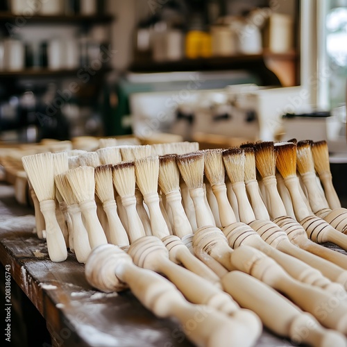 Assortment of pastry brushes and natural wooden baking tools arranged on a rustic kitchen counter.