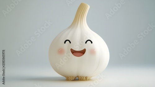 Cheerful, anthropomorphic character illust n of a smooth, white garlic bulb presented in a minimalist 3D render on a light background.