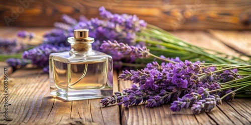 Lavender-scented perfume on wooden table
