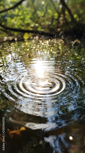 Concentric circles of light ripple across the water surface, reflecting surrounding foliage in a tranquil natural setting.