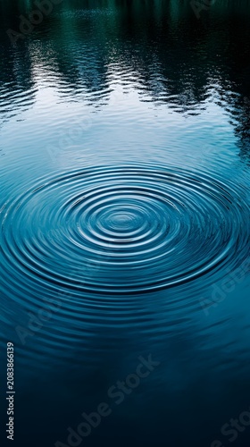Concentric ripples expand across the deep blue water surface, creating a mesmerizing pattern of natural movement and tranquility.
