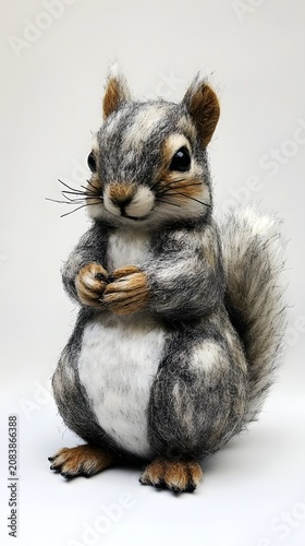 Detailed portrait of a cute, gray and white squirrel sitting upright against a clean, neutral studio background.