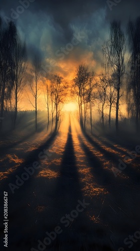 Dramatic sunset light streams through a winding woodland path lined with bare trees, casting long and evocative shadows.