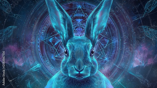 Blue Glowing Rabbit Fantasy Art Mystical Animal Digital Painting