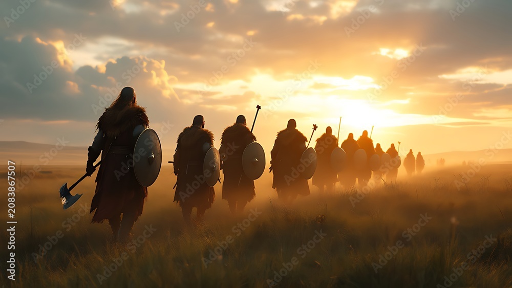 Fototapeta premium A group of warriors marches across a vast field towards the sunset with shields and weapons in hand.