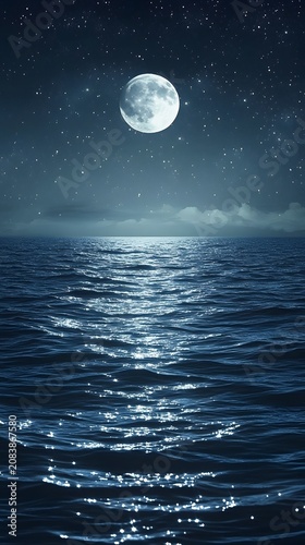 Full moon illuminating the dark, reflective surface of the calm open ocean under a starry night sky.