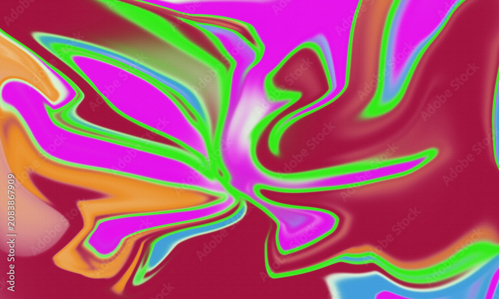 Fototapeta premium Vibrant abstract art with swirling neon colors on a maroon background