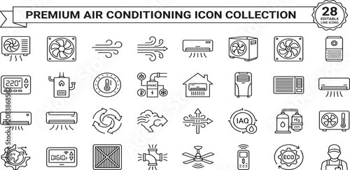 Air Conditioning icon set. Containing fan, wind, blow, air conditioner, cooling appliance, cooling fan, air cleaner, climate control, heating, and more. Editable line icons. Vector