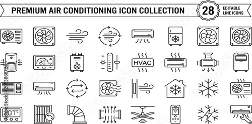 Air Conditioning icon set. Containing fan, wind, blow, air conditioner, cooling appliance, cooling fan, air cleaner, climate control, heating, and more. Editable line icons. Vector