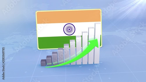 India Economic Growth Concept with 3D Bar Graph, National Flag and Rising Green Arrow