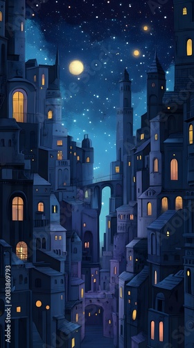 An ethereal cityscape viewed at night, featuring towering gothic architecture illuminated by a bright moon and scattered stars.