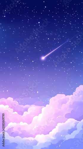 An ethereal panorama of a deep indigo night sky illuminated by a shooting star above soft, magenta-lit clouds.