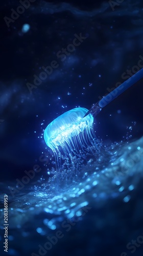 An illuminated, futuristic brush explores the mysterious and glowing depths of the dark ocean water.