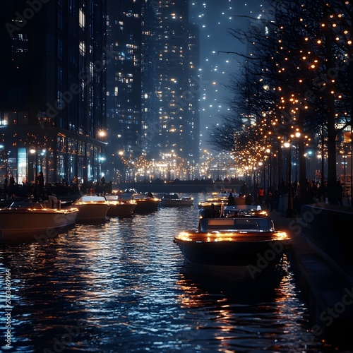 An illuminated waterfront canal scene showing modern high-rise buildings reflected in the calm, deep night water.