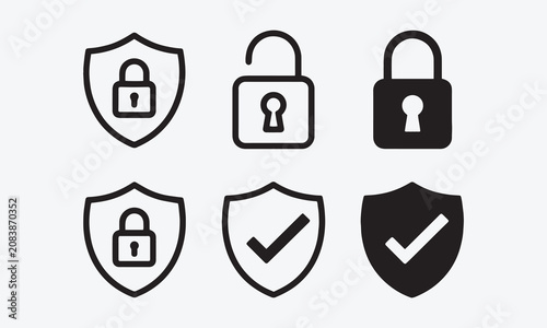 Security icon set, security icon with shield and lock sign, line and solid style