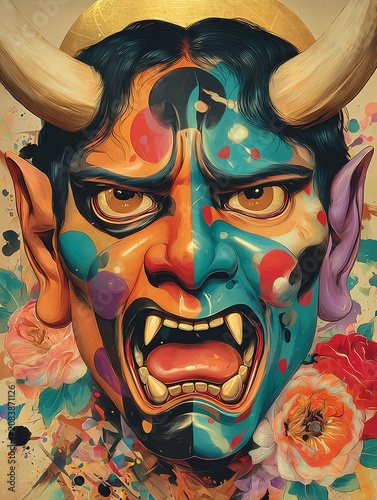 Colorful Pop Art Devil Demon Face Portrait Illustration Art