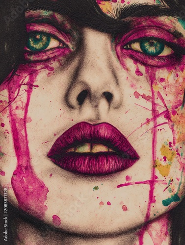 Abstract Colorful Woman Face Close-Up Painting Art Portrait