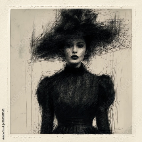 Gothic Dark Woman Black Hat Illustration Art Dark Fashion