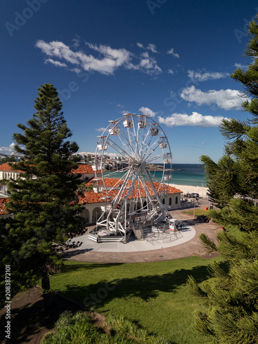 Ferris wheel at beach on sunny day with blue sky green grass and magnificent pine trees with sea and urban architecture in portrait format