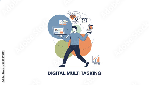 Energetic professional guy managing multiple digital tasks simultaneously in a colorful digital multitasking diagram.