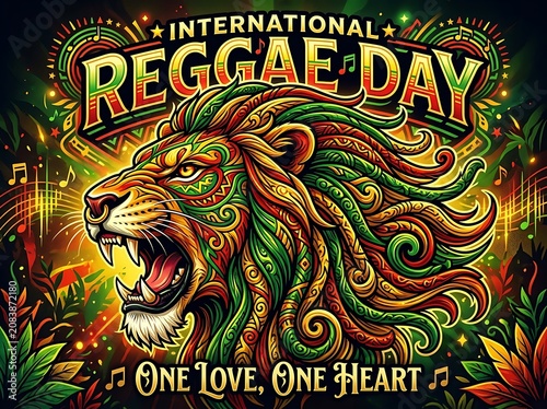 Vibrant reggae day poster with colorful lion illustration and musical elements in tropical style design