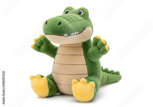 Cute plush green crocodile toy sitting happily with arms up isolated on white background