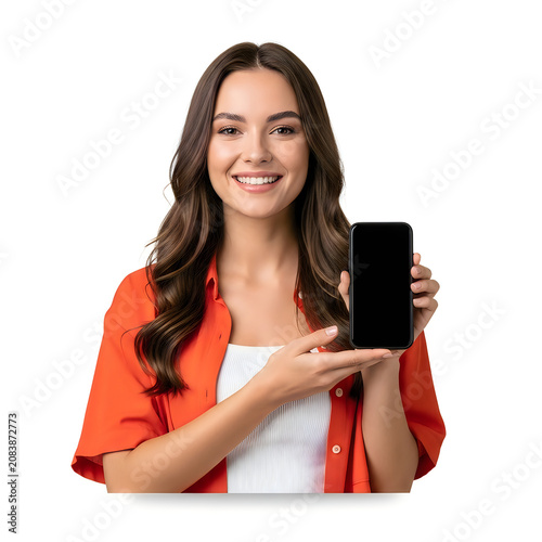 Smiling woman holding black smartphone with red cardigan isolated on white background