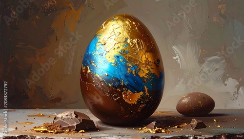 A large chocolate egg, adorned with gold and blue, sits next to broken chocolate and a small egg, against a brushstroke backdrop