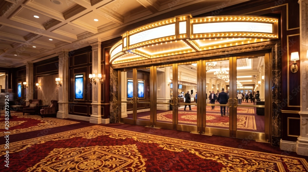 Obraz premium Luxurious hotel lobby entrance with ornate carpet and illuminated marquee