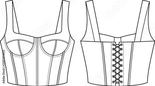 Women's Corset Crop Top Technical Fashion Flat Sketch Front and Back with Lace Up Back Vector Template
