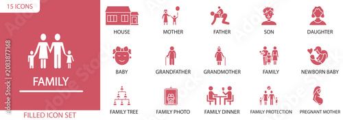 Family Lifestyle Filled Icon Collection for Parenting, Home, Family Relationships and Everyday Life. Vector Illustration.