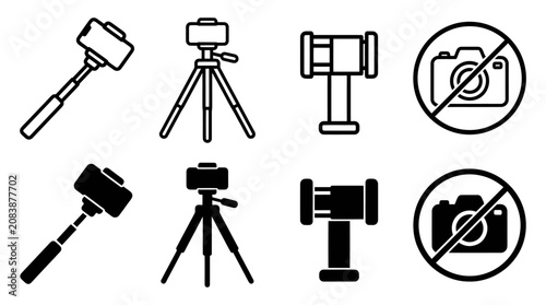 Set of camera accessories icons: selfie stick, tripod, phone holder