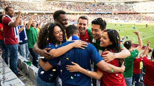 Group of diverse happy friends hugging and celebrating victory at stadium