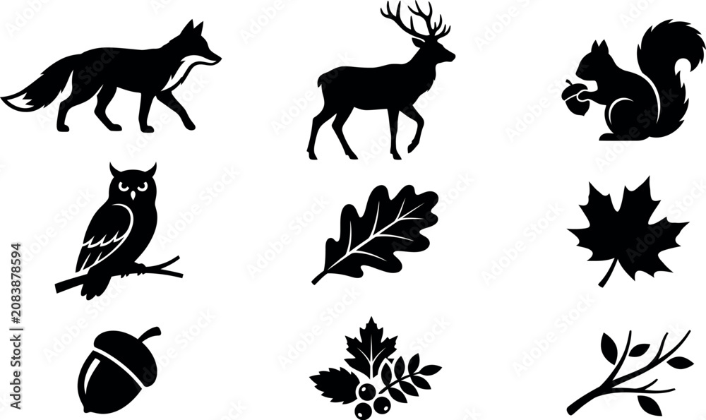 Fototapeta premium Autumn-themed vector illustrations of animals, leaves, and nature symbols in line art style