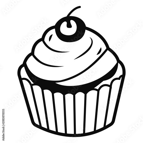Sweet Cupcake With Swirled Frosting And Cherry Topping Doodle Line Art Illustration