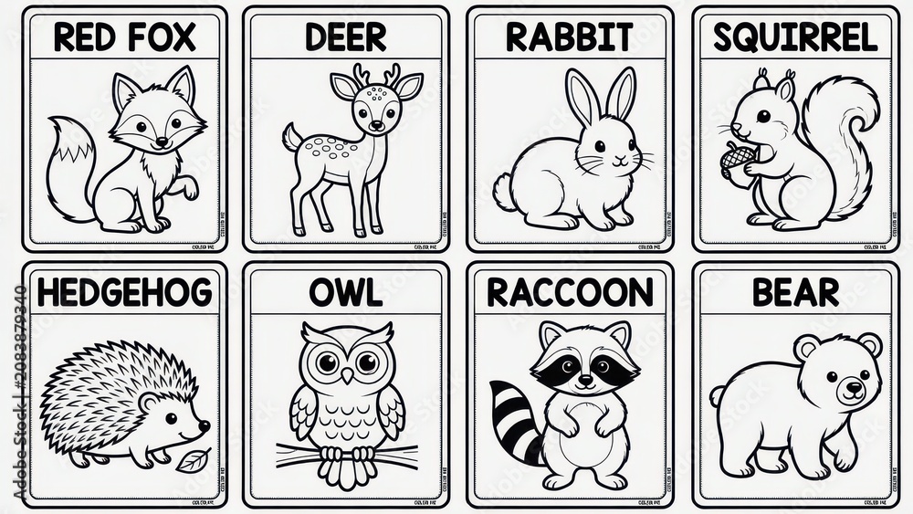 Fototapeta premium Educational coloring pages featuring eight distinct forest creatures including foxes and bears with labeled names to help children learn biology through creative artistic activities in classrooms