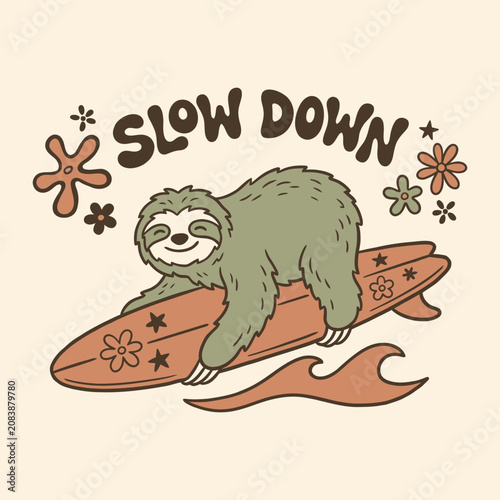 Photos Sloth Riding Orange Surfboard Smiling.