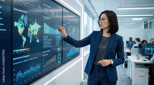 Businesswoman presenting complex financial data and charts on a screen wall