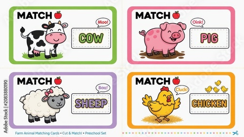 Educational activity pages featuring colorful farm animal identification cards help toddlers develop early language skills through fun matching games that teach common names and sounds for young