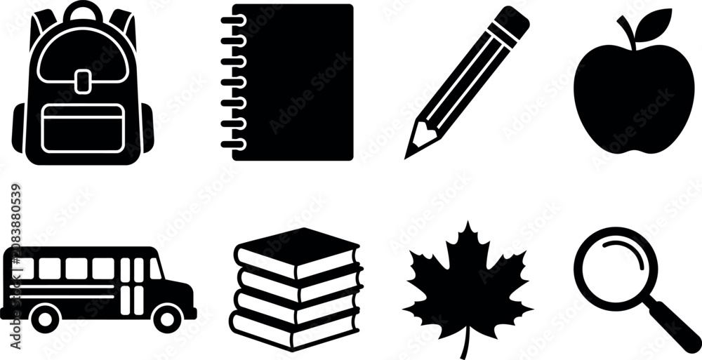 Fototapeta premium Autumn Scene Illustration with Backpack, Notebook, Apple, Bus, Books, Maple Leaf, and Magnifying Glass