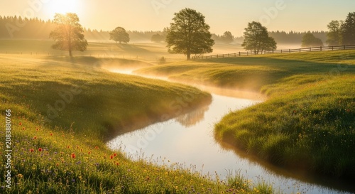 Golden Sunrise Mist Over Winding River in Rural Landscape